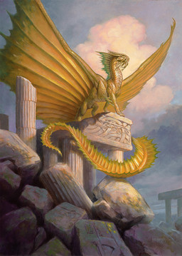 ambiguous_gender claws cloud column day feral gold_scales looking_aside membrane_(anatomy) membranous_wings outside rock ruin solo spread_wings standing tail wings todd_lockwood dungeons_and_dragons hasbro magic:_the_gathering mythology wizards_of_the_coast dragon dragon_(dnd) gold_dragon_(dnd) mythological_creature mythological_scalie scalie official_art