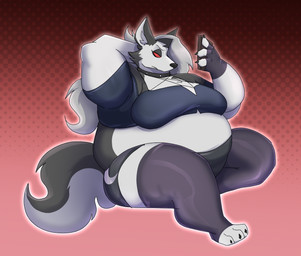 3_toes 4_fingers anthro belly big_belly big_breasts black_bottomwear black_clothing black_nose bottomwear breasts cellphone claws clothing collar crop_top digitigrade electronics facial_tuft fat_arms feet female fingerless_gloves fingers flabby_arms fluffy fluffy_tail fur gloves gradient_background grey_body grey_clothing grey_fur grey_hair grey_topwear hair hand_behind_head handwear legwear long_hair looking_at_object midriff moon_symbol morbidly_obese multicolored_body multicolored_fur neutral_expression obese overweight overweight_female phone pointy_ears red_sclera shirt simple_background smartphone solo spiked_collar spikes tail thick_arms thick_thighs thigh_highs toes topwear tuft two_tone_body two_tone_fur white_body white_eyes white_fur hugo_enrique_art hellaverse helluva_boss mythology loona_(helluva_boss) canid canid_demon canine demon hellhound mammal mythological_canine mythological_creature 2026 hi_res
