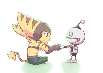 anthro big_ears brown_body brown_fur chibi duo fist_bump fur fur_tuft gesture green_eyes kemono machine male stripes tuft positive_wishes_(artist) ratchet_and_clank sony_corporation sony_interactive_entertainment clank_(ratchet_and_clank) ratchet_(ratchet_and_clank) felid feline lombax mammal robot