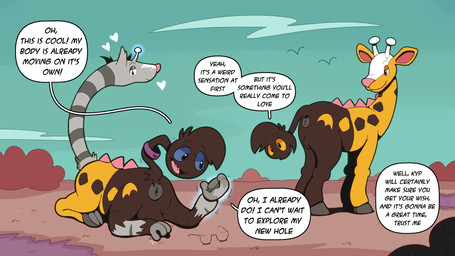 antlers anus blue_sclera brown_body brown_fur cloud cloven_hooves dialogue feral fur grass hooves horn living_tail male mid_transformation orange_sclera plant sharp_teeth speech_bubble spikes spikes_(anatomy) tail tail_head teeth text transformation twinning unusual_anatomy unusual_tail upside_down_transformation yellow_body yellow_fur respecies nintendo pokemon jake_(blazingpelt) kyp_(character) trevor-fox_(character) generation_2_pokemon girafarig pokemon_(species) 16:9 english_text hi_res widescreen