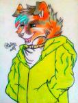 anthro black_nose clothed clothing collar fangs fur green_eyes hair hoodie male multicolored_body multicolored_fur multicolored_hair one_eye_closed open_mouth pink_tongue simple_background solo teeth tongue topwear white_background wink redflingfox canid canine canis domestic_dog mammal 2014 signature