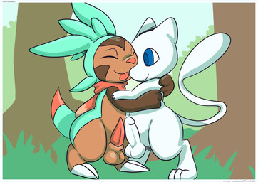 blue_eyes border erection eyes_closed frottage genitals hug hugging_another humanoid_genitalia humanoid_penis male male/male mostly_nude penile penis penises_touching scarf scarf_only sex tapering_penis white_body white_border screamoshaymin nintendo pokemon chespin generation_1_pokemon generation_6_pokemon legendary_pokemon mew_(pokemon) pokemon_(species) 2026 hi_res signature
