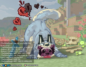 ambiguous_gender anthro anthro_on_feral bandage bandaged_head belly bestiality big_belly black_sclera bone digestion duo experience_points fatal_vore feral feral_pred fur gameplay_mechanics hair health_points losing_health male male/ambiguous partially_inside purple_body purple_fur scared screencap screencap_background skull snuff text vore mivomore microsoft minecraft mojang xbox_game_studios theo_(g1gglebug) canid canine canis mammal wolf absurd_res english_text hi_res