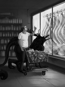 all_fours anthro antlers big_breasts black_body black_fur breasts casual_nudity duo fangs female food fur gesture glowing glowing_eyes groceries hand_gesture horn larger_female long_nails long_tail male male/female meat open_mouth pointing pointy_ears public public_nudity sharp_teeth shopping shopping_cart size_difference tail teeth lenika vitaly_s_alexius american_mythology indigenous_north_american_mythology mythology north_american_mythology stupid_sexy_cryptids ashcroft_"ash"_julian_clifford starshade cryptid human mammal omnid wendigo hi_res monochrome