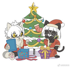 anthro black_body black_fur box candy candy_cane chibi christmas_clothing christmas_headwear christmas_sock christmas_tree clothed clothing container costume dessert duo eyes_closed eyewear female food fur gift gift_box glasses grey_body grey_fur hair hat headgear headwear holding_candy holding_candy_cane holding_food holding_object holding_toy holidays male multicolored_body multicolored_fur pawpads plant santa_costume santa_hat simple_background sitting smile standing tail toony topwear toy toy_plane tree two_tone_body two_tone_fur white_background white_body white_fur white_hair yellow_eyes yoshi.kaoru christmas canid canine canis domestic_cat felid feline felis mammal wolf
