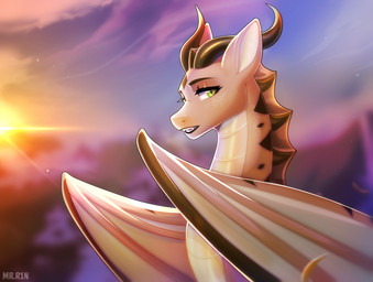 brown_body brown_scales cloud female feral green_eyes horn looking_at_viewer narrowed_eyes open_mouth outside scales sky solo sun sunrise tan_body tan_scales teeth text white_body white_scales wings mr.r1n mythology mirah dragon mythological_creature mythological_scalie scalie artist_name hi_res