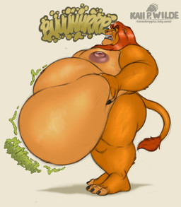 anthro areola belly belly_grab big_belly burping claws fangs fur male mane morbidly_obese morbidly_obese_anthro morbidly_obese_male nipples nude obese obese_anthro obese_male open_mouth overweight overweight_anthro overweight_male rumbling_stomach side_view solo sound_effects standing tail tail_tuft teeth text tongue tuft whiskers husky2paws disney the_lion_king mufasa felid lion mammal pantherine 2025 hi_res signature