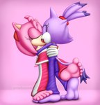 anthro barefoot clothed clothing duo feet female female/female kissing pink_body purple_body soles toes darkneyom sega sonic_the_hedgehog_(series) amy_rose blaze_the_cat domestic_cat eulipotyphlan felid feline felis hedgehog mammal hi_res