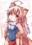 anthro belly camel_toe clothing female fur hair heart_symbol kemono school_swimsuit slightly_chubby smile solo swimwear teeth text tuft underwear young young_anthro young_female koishi_chikasa strawberry_(koishi_chikasa) canid canine mammal japanese_text translated