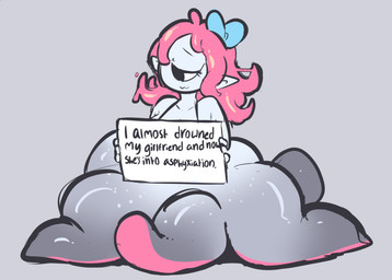 1_eye bow_tie female goo_hair grey_background hair holding_object holding_sign humanoid_pointy_ears looking_aside not_furry pink_hair pointy_ears pseudo_hair sign simple_background smile solo split_form standing tentacles text eerieviolet ria_(eerieviolet) aquatic cecaelia humanoid merfolk 2020 english_text