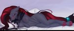 anthro bed blush bodily_fluids breasts butt chest_tuft eyes_closed female fur furniture genital_fluids grey_body grey_fur hair lying lying_on_bed masturbation nipples nude on_bed pillow red_hair simple_background smile solo text tuft ultrawide vaginal vaginal_fluids prsmrti third-party_edit nintendo pokemon canid canine generation_5_pokemon mammal pokemon_(species) zoroark absurd_res digital_media_(artwork) hi_res