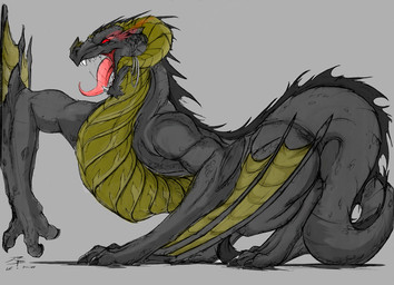ambiguous_gender bodily_fluids fangs feral grey_background grey_body grey_scales grey_tail horn looking_at_viewer open_mouth pupils red_eyes red_tongue saliva saliva_string scales side_view simple_background slit_pupils solo tail teeth tongue winged_arms wings yellow_body yellow_horn yellow_scales crazydrak european_mythology mythology dragon mythological_creature mythological_scalie scalie western_dragon wyvern