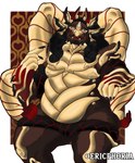 3_eyes 6_arms anthro beard black_nails clothing colored_nails facial_hair feathers gold_(metal) gold_body gold_tooth lips male multi_arm multi_eye multi_limb musclegut muscular mustache nails solo thong underwear wings ericphoria chimera hi_res