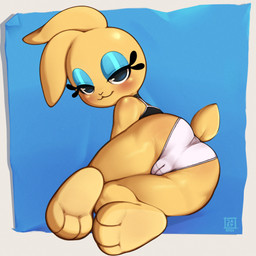 anthro bedroom_eyes blush butt camel_toe clothing eyelashes eyeshadow feet female fur half-closed_eyes looking_at_viewer lying makeup narrowed_eyes on_side panties plantigrade seductive simple_background smile solo tail toes topwear underwear yellow_body yellow_fur jarp-art bonita_(gaturo) lagomorph leporid mammal rabbit 1:1 absurd_res digital_media_(artwork) hi_res