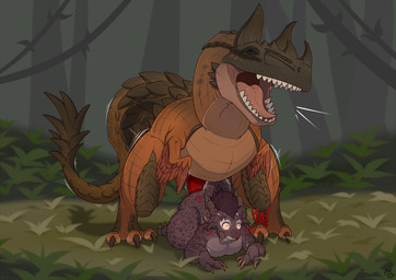 all_fours anthro anthro_on_feral ass_up bestiality brown_body brown_scales dominant duo feathers female female_on_feral female_penetrated feral feral_penetrating forced fur grey_body grey_fur horn interspecies larger_dom larger_male looking_pleasured male male/female penetration penile penile_penetration rape scales sex size_difference smaller_female wide_eyed mcfan guild_wars galla_crosscove charr dinosaur felid mammal prehistoric_species reptile saurischian scalie theropod tyrannosauroid tyrannus_(guild_wars) hi_res