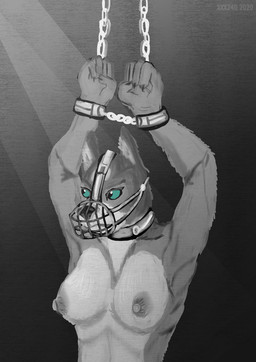 anthro areola bdsm bondage bound breasts chain collar displeased female muzzle_(object) muzzled slave snout solo wire_basket_muzzle ia190 canid canine canis mammal wolf hi_res