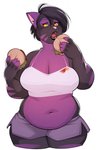 anthro belly_overhang big_breasts bottomwear breasts burger cleavage clothed clothing curvy_figure eating fangs female food fur hair holding_burger holding_food holding_object love_handles midriff muffin_top multicolored_body multicolored_fur navel open_mouth overweight overweight_anthro overweight_female pink_nose purple_body shorts solo stained_clothing stripes teeth thick_thighs wide_hips yellow_eyes tweedabop kate_(tach0012) felid feline mammal digital_media_(artwork) hi_res