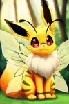 2023 3_toes 4_legs antennae_(anatomy) beedrill beevee big_eyes black_tipped_ears brown_nose cheek_tuft digital_drawing_(artwork) digital_media_(artwork) dipstick_tail eevee eyelashes facial_tuft feet female feral fluffy fluffy_chest fluffy_tail forest fur game_freak generation_1_pokemon grass hi_res hybrid inner_ear_fluff insect_wings light long_ears long_tail mammal markings multicolored_body multicolored_fur mythrava nintendo plant pokemon pokemon_(species) red_eyes shrub signature sitting smile solo striped_body stripes sunlight tail tail_markings toes tree tuft white_body white_fur white_tail_tip wings yellow_body yellow_fur yellow_wings