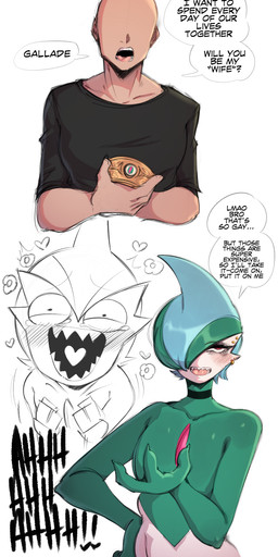 biped black_clothing blush clothed clothed_human clothed_male clothing dialogue duo male male_human male_humanoid open_mouth piercing standing teeth text tongue saltyxodium nintendo pokemon gallade generation_4_pokemon human humanoid mammal pokemon_(species) 2026 absurd_res english_text hi_res