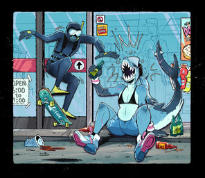 alcohol anthro beer beverage black_bikini_top bottomwear clothing convenience_store denim denim_bottomwear denim_clothing denim_shorts diving_mask dorsal_fin drinking female female_anthro fin fingers footwear larger_anthro larger_female male male_human mask open_mouth scar scuba sharp_teeth shoes shorts sitting sitting_on_ground size_difference skateboard skateboard_trick smaller_human smaller_male sneakers sweeping tail tail_fin teeth thick_tail vehicle herny jawlene_(herny) ambiguous_species fish human mammal marine shark 2025 absurd_res digital_media_(artwork) hi_res