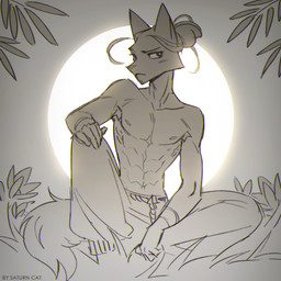 abs anthro athletic athletic_anthro bottomwear clothed clothing collarbone eyebrows front_view hair hair_bun hand_on_knee hand_on_leg light looking_at_viewer male nature pants pecs simple_background sitting snout solo sun text topless topless_anthro saturncat canid canine fox mammal 1:1 2026 absurd_res artist_name digital_drawing_(artwork) digital_media_(artwork) full-length_portrait greyscale hi_res lighting monochrome portrait sketch
