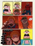 anthro asphyxiation big_hands biped blonde_hair blonde_mane chair choking comic_panel desk dialogue duo feet fur furniture hair horn horror_(theme) male mane muscular open_mouth overweight overweight_male parody pink_body pink_fur size_difference solo_focus table text toony yawn dgpro95 carson_dellosa mythology digi_(dgpro95) dragon humanoid mammal mythological_creature mythological_scalie scalie absurd_res comic digital_media_(artwork) english_text hi_res meme