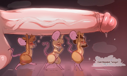 anthro balls big_breasts biped blush bodily_fluids breasts eyes_closed eyewear genitals glasses group human_on_anthro interspecies larger_human larger_male male mouth_closed nude penis side_view size_difference smaller_anthro smile sweat thick_thighs wearing_glasses cold-blooded-twilight human mammal mouse murid murine rodent 5:3