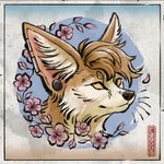 ambiguous_gender brown_body brown_fur cherry_blossom ear_piercing feral flower fur gauged_ear no_pupils orange_eyes piercing plant prunus_(flower) simple_background solo tan_body tan_fur whiskers white_body white_fur ragous puck_(puckfennec) canid canine fennec_fox fox mammal true_fox 1:1 headshot_portrait hi_res portrait