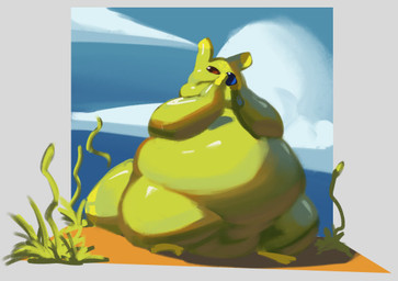 ambiguous_gender anthro belly big_belly big_tail black_eyes blue_fruit_(rain_world) cloud dewlap_(anatomy) eating eating_food food glistening glistening_body green_body holding_food holding_object huge_belly overweight overweight_ambiguous overweight_anthro plant solo tail citrusslugcat rain_world videocult citrus_(slugcat) slugcat