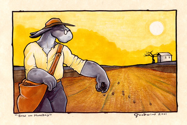 4_fingers anthro biped border building clothed clothing day detailed_background eyewear farmer fingers fully_clothed fur glasses grey_body grey_fur hat headgear headwear house long_ears looking_aside male outside plant rolled_up_sleeves seed shirt shoulder_bag sky solo standing sun text toony topwear tree chris_goodwin asinus donkey equid equine mammal 2001 english_text