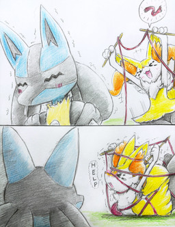 ambiguous_anthro ambiguous_gender anthro asking_for_help biped blush bodily_fluids digitigrade duo emanata fail knitting nude_ambiguous nude_anthro open_:3 open_mouth open_smile scarf shaking shivering simple_background smile snout speech_bubble spikes spikes_(anatomy) tears text tongue tremble_spikes two_panel_image yarn eiroru nintendo pokemon braixen canid generation_6_pokemon mammal pokemon_(species) 2023 colored colored_pencil_(artwork) comic english_text graphite_(artwork) hi_res shaded traditional_media_(artwork)