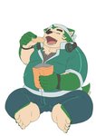 anthro bottomwear clothing eating electronics eyes_closed food fur green_body green_fur headphones headphones_around_neck humanoid_hands kemono male overweight overweight_anthro overweight_male pants shirt simple_background sitting solo topwear white_background pihii3 lifewonders live_a_hero mokdai canid canine canis domestic_dog mammal 2021 hi_res