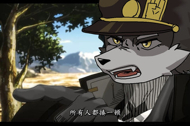 clothing fingers fur hair hat headgear headwear male metal_jewelry multicolored_body multicolored_fur plant school_uniform solo teeth_showing threatening_violence tree uniform yellow_eyes fox_san jojo's_bizarre_adventure stardust_crusaders jotaro_kujo canid humanoid mammal meme