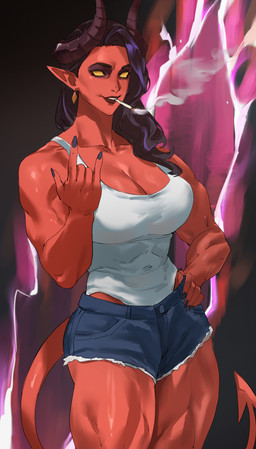 2_horns big_breasts black_hair bottomwear breasts cigarette clothing collarbone denim denim_bottomwear denim_clothing denim_shorts devil_horns_(gesture) ear_piercing eyebrows eyelashes female gesture hair hand_gesture hand_on_hip horn humanoid_pointy_ears leotard muscular muscular_female not_furry piercing pointy_ears red_body red_skin shorts solo spade_tail tail thick_thighs yellow_sclera enargeia5525 dispatch malevola_gibb demon demon_humanoid horned_humanoid humanoid 2025 absurd_res hi_res