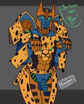 abs anthro armor balls claws cute_fangs fangs flaccid genitals green_eyes headgear helmet horn horned_helmet machine male markings paw_pose penis pose solo spots spotted_body teeth text phantom50519376 hasbro takara_tomy transformers transformers:_beast_wars transformers:cyberverse cheetor cheetah cybertronian felid feline mammal robot absurd_res hi_res