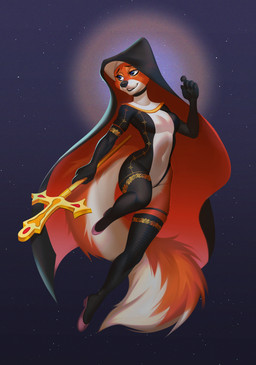 anthro blue_eyes christian_cross christian_symbol clothed clothing cosmic_background cross crucifix eyebrows eyelashes female floating navel religion religious_symbol smile solo staff tail sorafoxyteils christianity disney robin_hood_(disney) maid_marian canid canine fox mammal red_fox true_fox