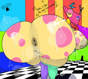 anus areola bent_over big_breasts big_butt bodily_fluids breasts butt female genitals grey_areola grey_nipples half-closed_eyes huge_breasts huge_butt looking_at_viewer looking_back narrowed_eyes nipples not_furry nude question_mark solo sweat sweaty_butt text thick_thighs vulva wide_hips kenxwhack glitch_productions the_amazing_digital_circus zooble_(tadc) animate_inanimate humanoid english_text hi_res