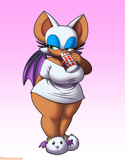 anthro big_breasts bottomless breasts clothed clothing container cup drinking female footwear gradient_background heart_symbol membrane_(anatomy) membranous_wings mug narrowed_eyes shirt shirt_only shoes shortstack simple_background slippers solo thick_thighs topwear topwear_only wide_hips wings omegasunburst sega sonic_the_hedgehog_(series) rouge_the_bat bat mammal absurd_res hi_res