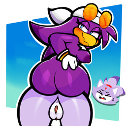 anus bandanna_on_head bedroom_eyes big_breasts big_butt blue_eyes blush breasts bubble_butt butt butt_stack eyewear female female/female female_on_top genitals narrowed_eyes nipples non-mammal_breasts non-mammal_nipples on_top purple_body seductive sunglasses thick_thighs vulva wide_hips heyomaerow sega sonic_riders sonic_the_hedgehog_(series) blaze_the_cat wave_the_swallow avian bird domestic_cat felid feline felis hirundinid mammal oscine passerine swallow_(bird) 1:1 2025 absurd_res hi_res