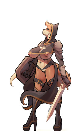 abs anthro areola armor belt big_breasts blue_eyes boots breasts clothing cross erect_nipples exposed_breasts female footwear fur gauntlets gloves handwear high_heeled_boots high_heels holding_melee_weapon holding_object holding_sword holding_weapon looking_up melee_weapon midriff muscular muscular_anthro muscular_female navel nipples nun orange_body orange_fur pauldron pussy_tape religion shield shoes simple_background solo standing sword tape unconvincing_armor veil weapon white_background saucymauler christianity vela_(kagekitsoon) canid canine fox mammal 2020 absurd_res hi_res signature
