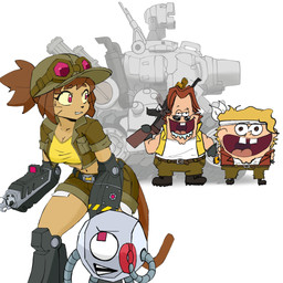 anthro big_breasts biped blonde_hair bodily_fluids breasts brown_hair buckteeth camo camo_clothing camo_print cleft_chin clothing crop_top drooling eyewear eyewear_on_head female fur goggles goggles_on_head green_clothing group gun gun_arm hair hair_bun humor light_body light_skin looking_back looking_up_at_another machine magenta_eyes mechanical_arm mechanical_leg navel nervous one_tooth pattern_clothing pockets ranged_weapon red_eyes saliva shirt simple_background standing sweat sweatdrop tan_body tan_fur tank_(vehicle) teeth thick_thighs topwear vehicle weapon weapon_arm whiskers whispering white_background wide_hips yellow_clothing yellow_shirt yellow_topwear rocknrm gameoverse glitch_productions metal_slug nickelodeon spongebob_squarepants kaboodle_(gameoverse) kit_bodega marco_rossi patrick_star tarma_roving domestic_cat felid feline felis human mammal robot 1:1 crossover digital_drawing_(artwork) digital_media_(artwork) hi_res meme