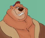 aged_up anthro brown_body brown_fur clothing fur grin hat headgear headwear jacket male overweight overweight_anthro overweight_male smile solo topwear sosososleazy disney ducktales ducktales_(2017) talespin kit_cloudkicker bear mammal