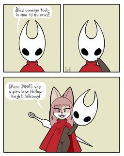 anthro biped black_eyes black_text breasts clothed clothing cosplay costume crossover_cosplay dialogue disguise exclamation_point eyelashes female hair humor mask melee_weapon open_mouth open_smile parody sharp_teeth simple_background smile solo speech_bubble standing talking_to_viewer teeth text tongue weapon weapon_on_back mr_harinezumi hollow_knight_(franchise) team_cherry hornet_(hollow_knight) noremi_(rmaxwellbro) calico_cat domestic_cat felid feline felis mammal absurd_res comic crossover english_text hi_res spanish_text translated