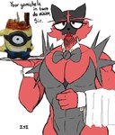 clothed clothing fur looking_at_viewer male multicolored_body multicolored_fur muscular partially_clothed pecs simple_coloring simple_eyes solo text waiter isi nintendo pokemon domestic_cat felid feline felis generation_7_pokemon humanoid incineroar mammal pokemon_(species)