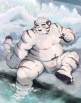 2023 anthro belly black_pawpads blush bulge claws clothing detailed_background felid finger_claws foot_in_water fur hair hi_res ice kemono male mammal merfiller moobs navel nipples overweight overweight_anthro overweight_male pantherine pawpads sitting sitting_on_ground snow solo striped_body striped_fur stripes tiger toe_claws underwear water white_body white_fur white_hair