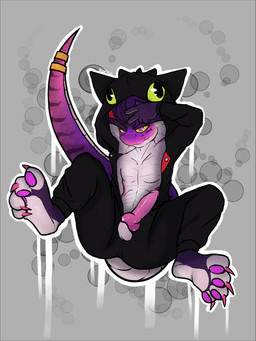 anthro black_border border clothing colored_nails cosplay genitals hair kigurumi knot long_tail male multicolored_body nails onesie pawpads penis pink_nails purple_body purple_eyes ring solo tail tongue hideplys dreamworks how_to_train_your_dragon manotrak toothless cobra reptile scalie snake 3:4 absurd_res hi_res
