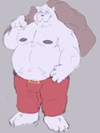 anthro belly big_belly bottomwear clothing costume eyes_closed eyewear glasses male moobs nipples overweight overweight_male pants santa_costume simple_background solo smut_leo bear mammal polar_bear ursine 2022 hi_res