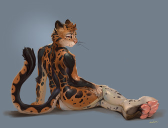 4_toes anthro biped brown_body brown_fur butt eyebrows feet fur male multicolored_body multicolored_fur nude orange_body orange_fur pawpads paws pink_pawpads red_eyes simple_background sitting solo spots toes whiskers white_body white_fur oselotti felid leopard mammal pantherine 2021 hi_res