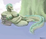 anthro big_breasts breasts dark_nipples female genitals long_tail lounging non-mammal_breasts overweight overweight_anthro overweight_female pussy relaxing solo tail water vainovalkea crocodilian reptile scalie absurd_res hi_res