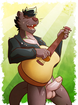 acoustic_guitar alternative_fashion anthro balls black_hair bottomless brown_body brown_fur clothed clothing fur genitals guitar hair happy humanoid_genitalia humanoid_hands humanoid_penis jacket leather leather_clothing leather_jacket leather_topwear male musical_instrument partially_clothed penis playing_guitar playing_music plucked_string_instrument punk rock_out_with_your_cock_out simple_background solo string_instrument topwear ventkazemaru colt_ott mammal mustelid otter 3:4 absurd_res hi_res